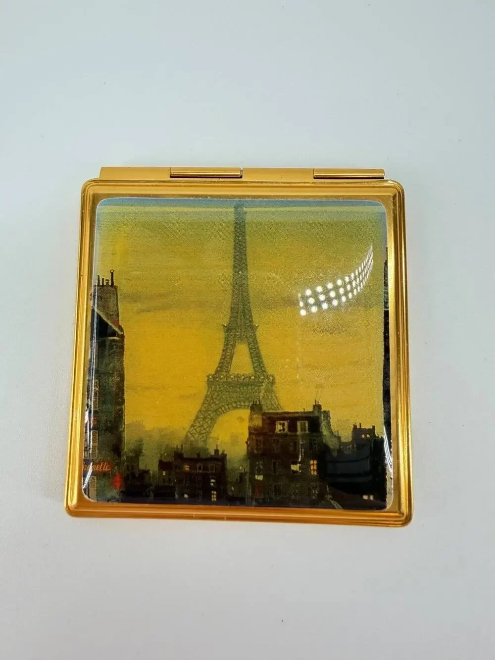 Vintage Paris Eiffel Tower Double Compact Mirror Gold Tone Toker Design